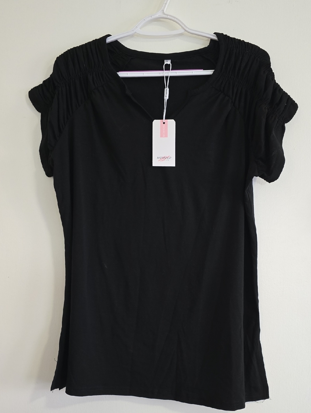 Black Smocked Shoulder Short Sleeve Tee